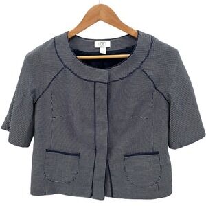 🍀 Ann Taylor LOFT Blue Microdot Hidden Snap Front Piping Cropped Jacket Size 8P